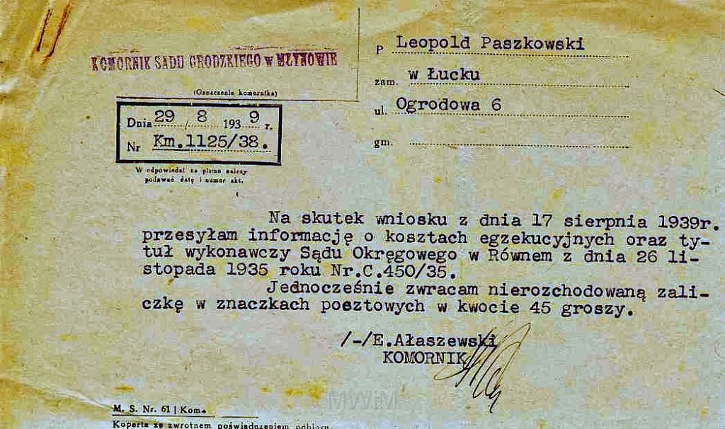 KKE 5953-21.jpg - Dok. Teczka Wierzytelności (spraw spornych) pomiędzy Leopoldem Kleofasem Paszkowskim a hrabią Augustem Ledóchowskim z Ostrożca, Równe, 26 XI 1935/29 VIII 1939 r.